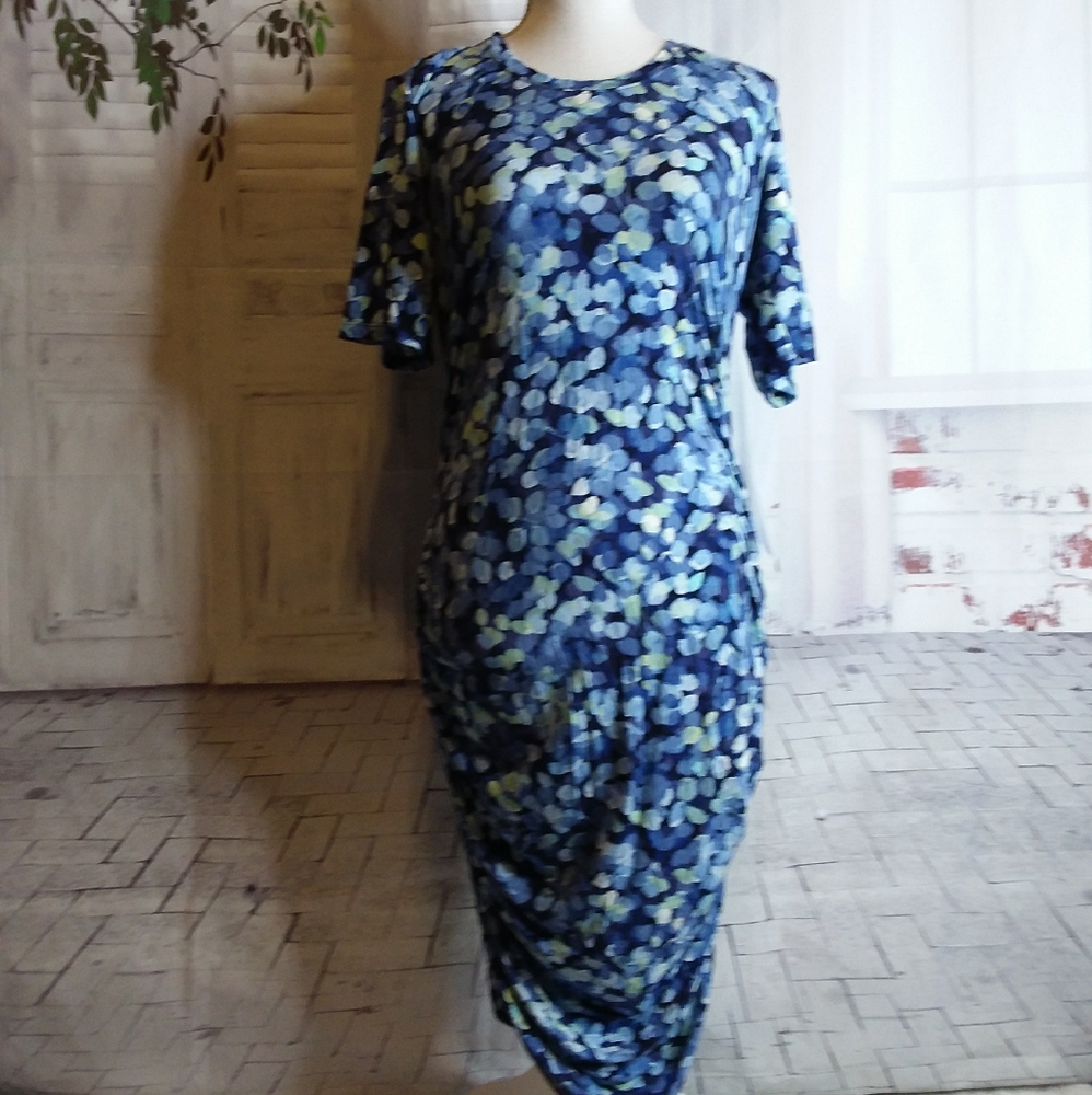 Motherhood Maternity blue multi color geometric circles rouched dress M